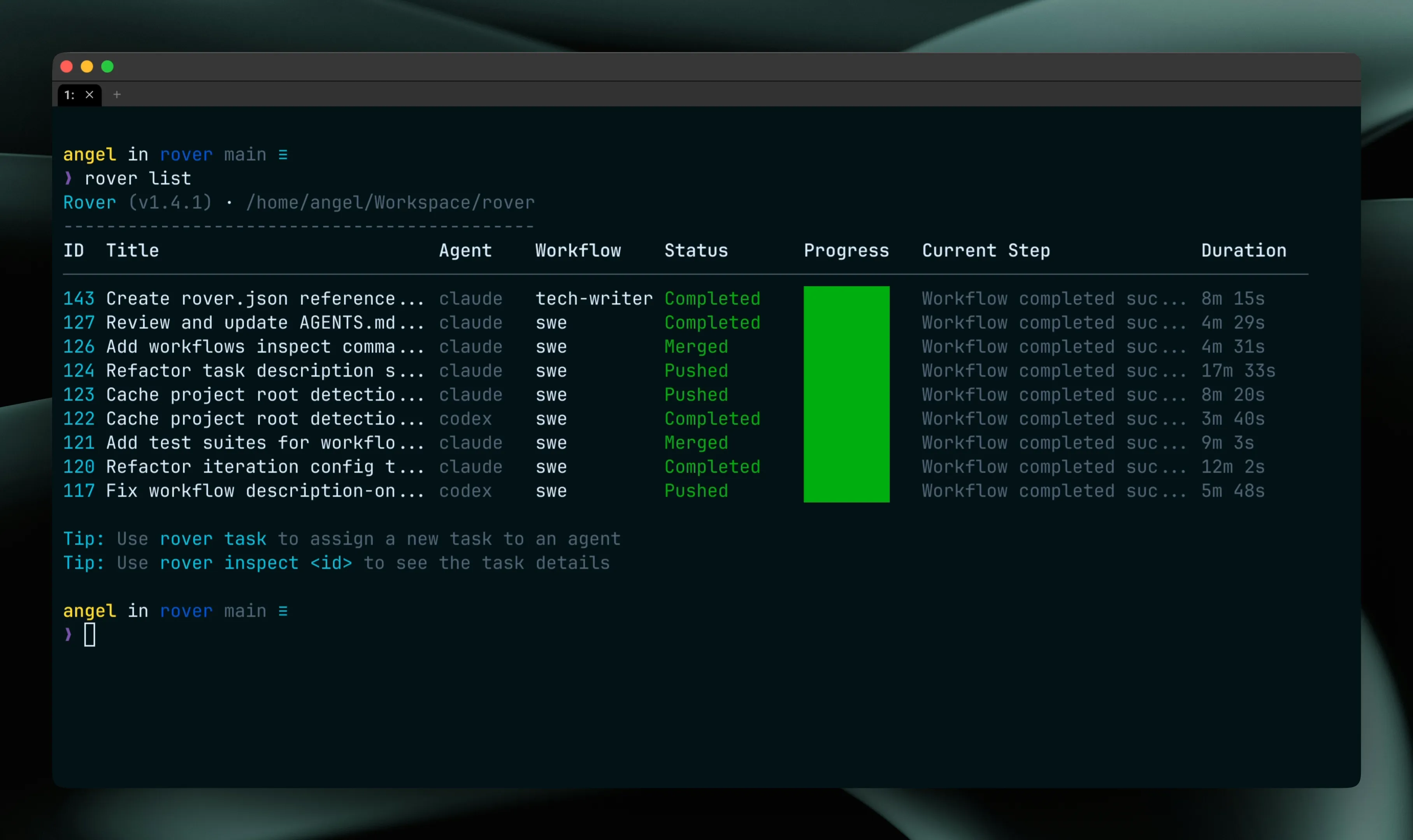 Rover showing a list of completed tasks